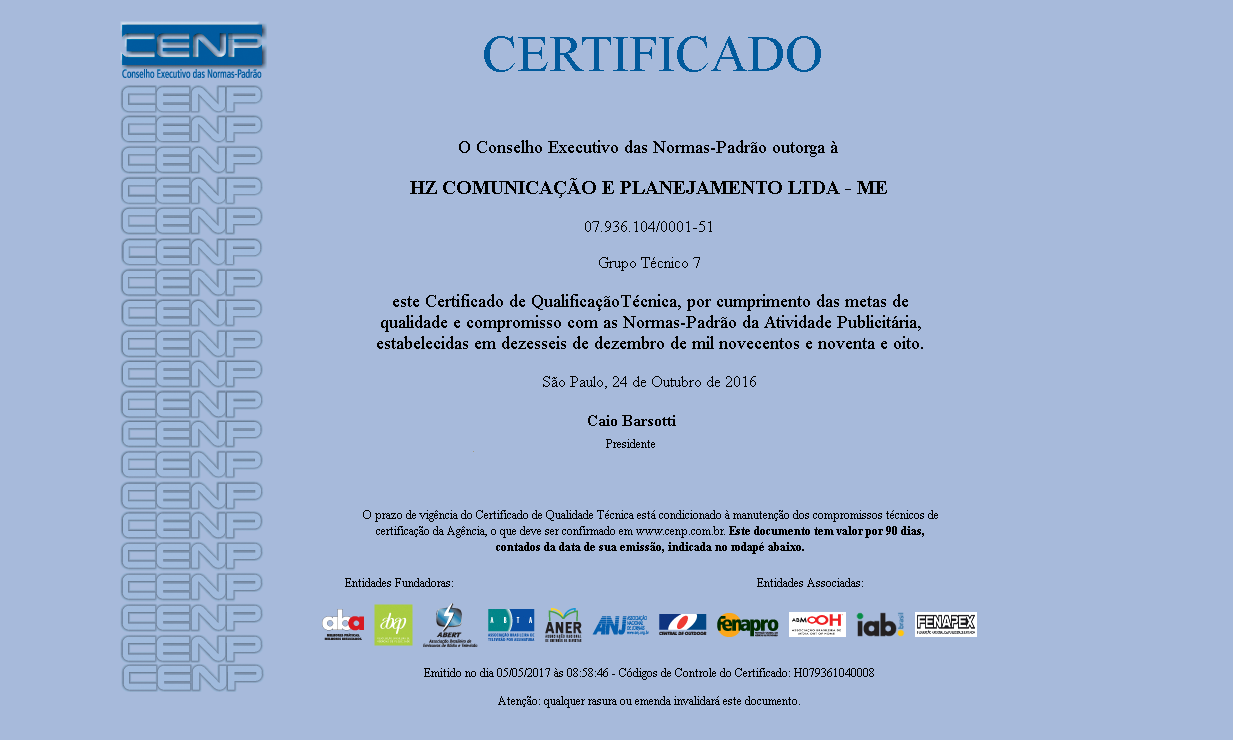 Certificado Cenp HZ Publicidade 